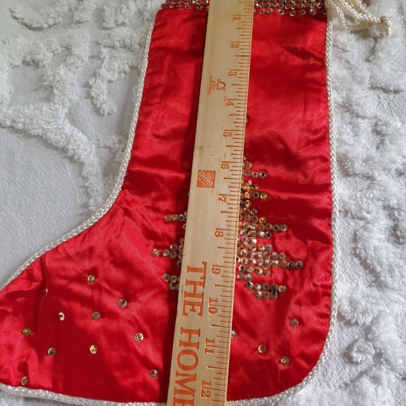 Vintage NWT Red Satin Stocking Christmas Tree Embellished Bling White Trim - Picture 6 of 12